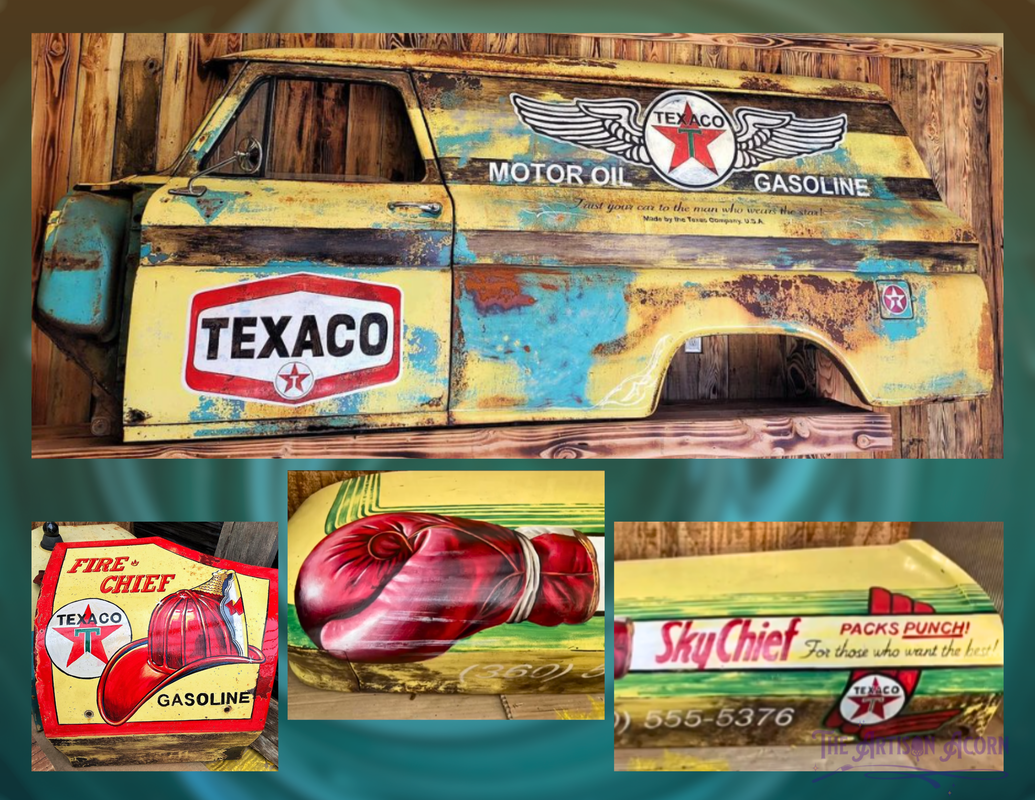 Photos of a Texaco inspired van Mural. It pulls inspiration from Sky Chief and Fire Chief Texaco adds, including the Fire Chief helmet, Sky Chief boxing glove, and Motor Oil Gasoline wings.