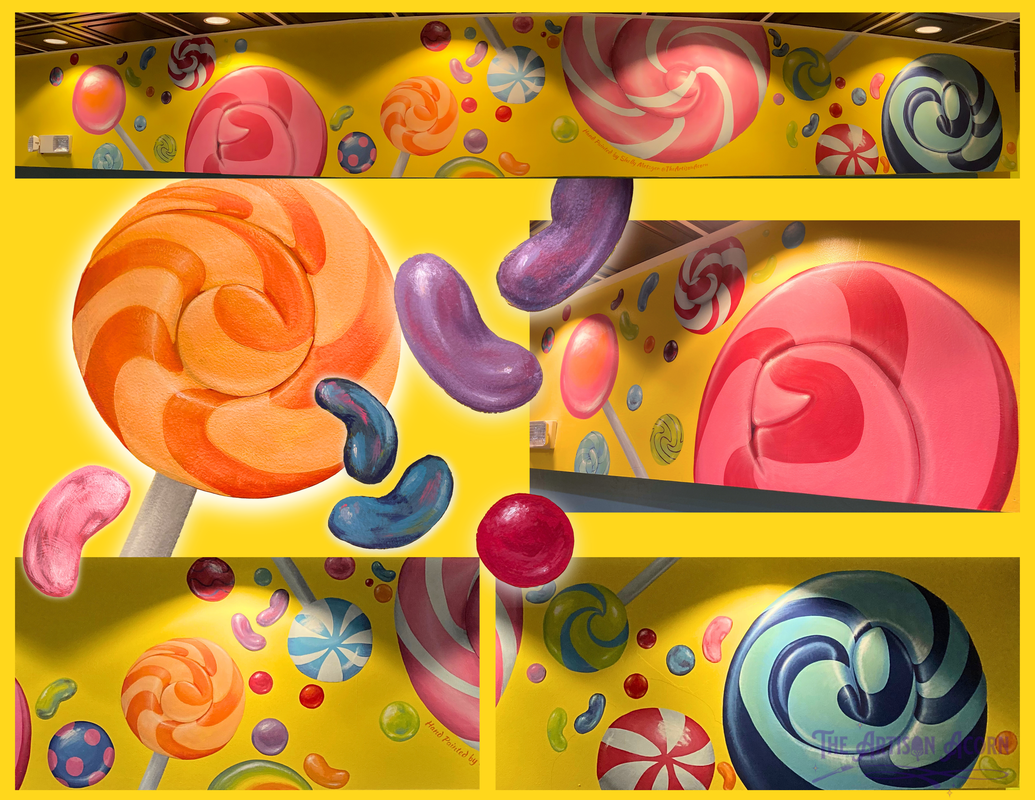 Photos of a candy mural I painted for Sub-Zero Freeze Dried Candy. A mix of lollipops, jelly beans, and other hard candy.