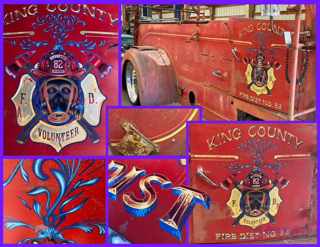 Photos of a vintage fire truck I painted. The owner asked me to refresh the pinstriping, as well as come up with graphics and lettering for the doors. The truck was originally from King County, WA, so I included King County, and we designated it as Fire District Number 82 to celebrate the new owner's birth year. The lettering was painted to look beveled with flames reflecting off of it. The graphic I created is of a modern fire fighter's mask and helmet, with a skull, over crossed axes, a blue burning phoenix painted in a semi acanthus style, over a gold Florian cross.  Painted portions were then distressed to give an aged appearance.